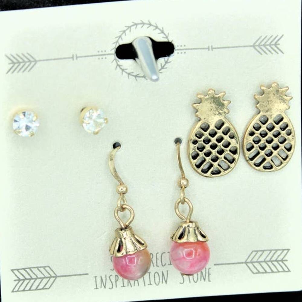 Gold Dangle Stud Earrings Pink Tiger's Eye Crystal Set ~ NEW